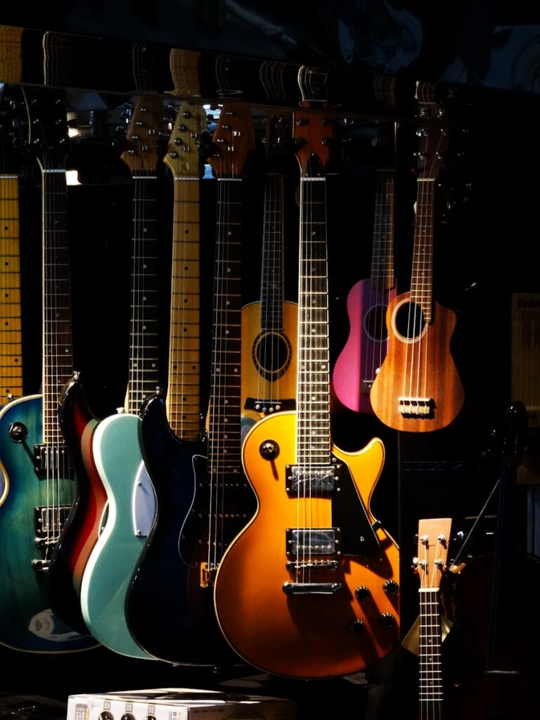 Guitars of different types hang together.